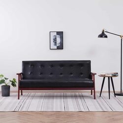3-Seater Sofa Black Faux Leather Retro Design Living Room Furniture Couch