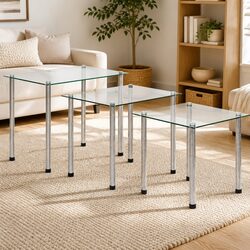 Nesting Tables Set 3 Pieces Transparent Glass Stainless Steel Legs Modern End