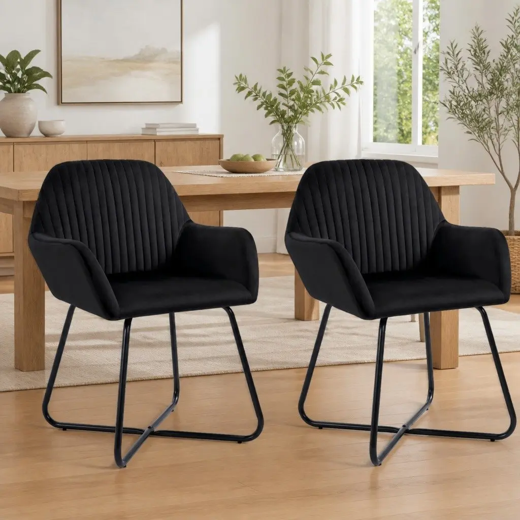 Dining Chairs Velvet Black Set of 2 with Armrests