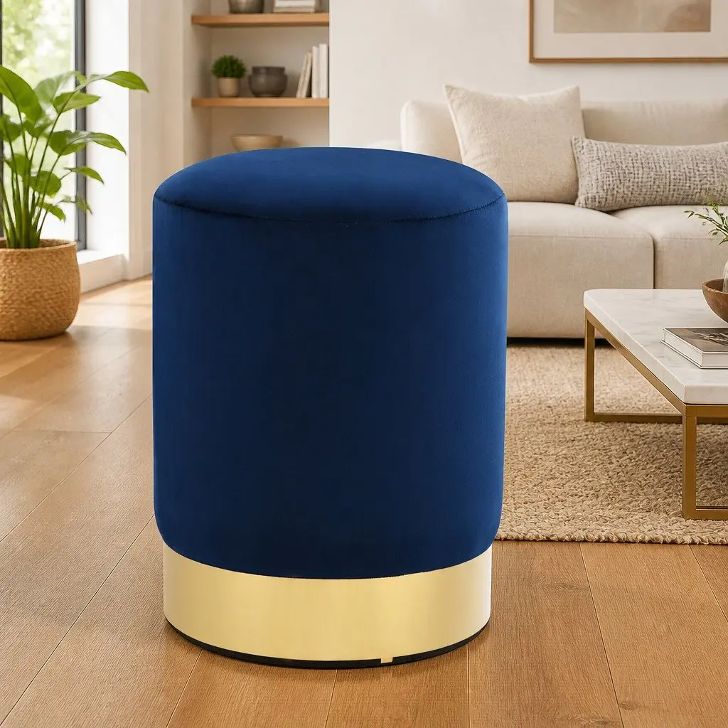 Velvet Barrel Stool Blue Gold Footrest Side Table Living Room Bedroom Hallway