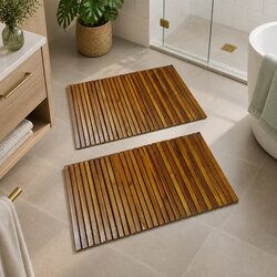 Wooden Bath Mat Set 80 x 50 cm Brown Bathroom Sauna Non-Slip Rubber Backing 2pcs