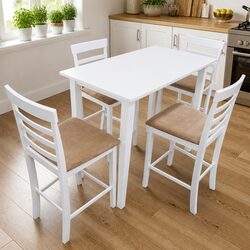 White Wooden Bar Table and 4 Bar Stools Set Kitchen Dining Room Furniture Combo