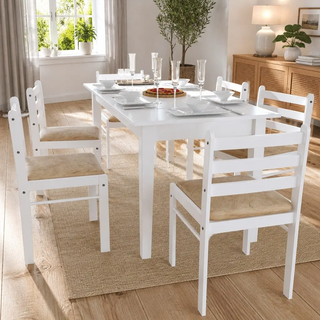 Dining Chairs Set 6 Piece Square Backrest Padded Seat White Rubberwood