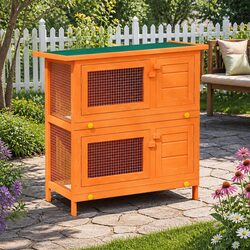 Outdoor Rabbit Hutch Small Pet Cage 4 Door Wood Red Exercise Enclosure