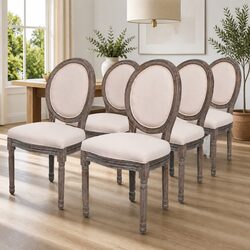 Dining Chairs Set of 6 Cream Linen Upholstered Foam Padded Wooden Frame Kitchen
