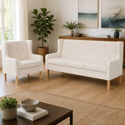 2-Piece Fabric Sofa Set with Armchair 3-Seater Lounge Cream White Living Room