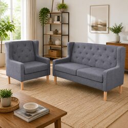 2-Piece Sofa Set Grey Fabric Armchair 2-Seater Lounge Suite Living Room