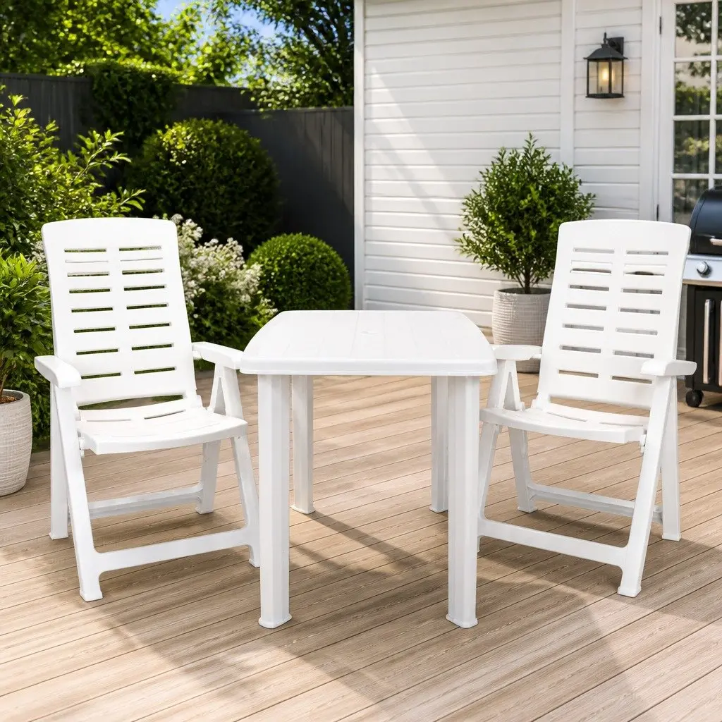 Outdoor Bistro Set Weather-Resistant 3 Piece White Garden Patio Dining Table Folding Chairs