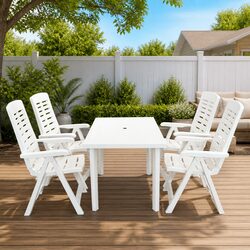Outdoor Dining Set 5 Piece White Plastic Table Chairs Folding Reclining Garden