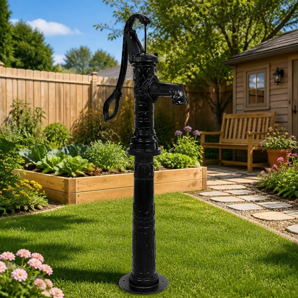 Hand Operated Garden Water Pump Cast Iron Construction Black Well System