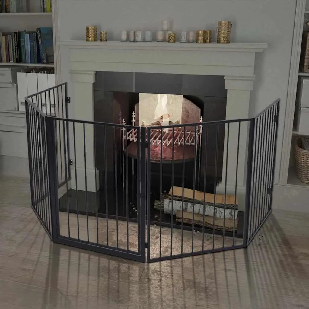 Fireplace Screen Steel Guard Fence Barrier with Swing Gate Door Black