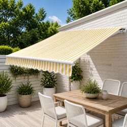 Folding Manual Awning 300cm Garden Patio Outdoor Sun Shade Yellow White