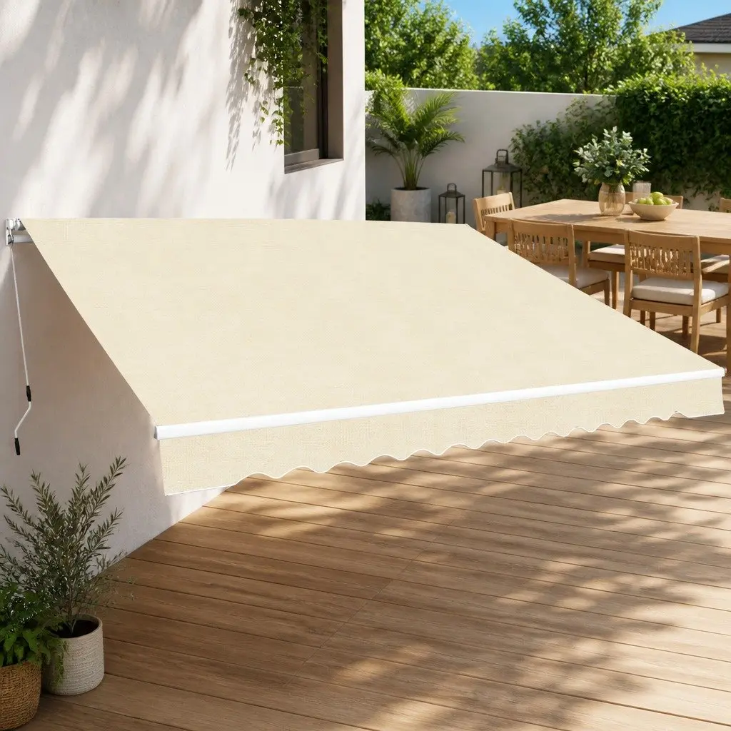 Folding Manual Awning Crank Operated 400cm Cream Outdoor Garden Patio Shade