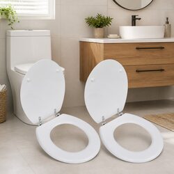 Toilet Seats with Lids 2 pcs White MDF Universal Bathroom Fixture Hinges