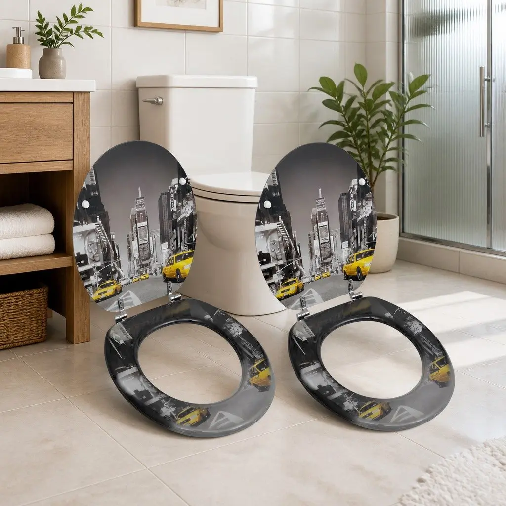 Toilet Seat with Lid MDF Multicolour Adjustable Hinges 2 Pack