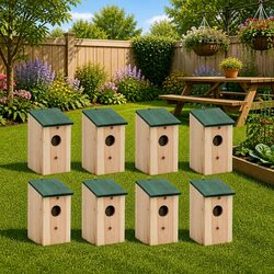 Wooden Birdhouse Set 8 Pcs Garden Decor Bird Nest Shelter Outdoor Hanging Houses