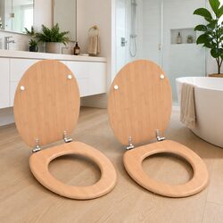 Toilet Seats with Lids 2 Pack Brown Bamboo Design MDF Durable Bathroom Fixtures