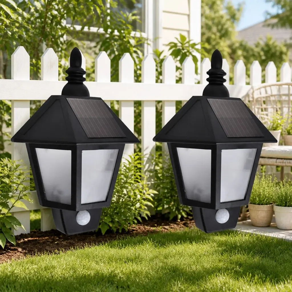 Solar Wall Lamps Motion Sensor Outdoor Lighting Black 2 Piece