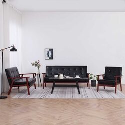 3 Piece Sofa Set Black Faux Leather Armchair 2-Seater 3-Seater Living Room