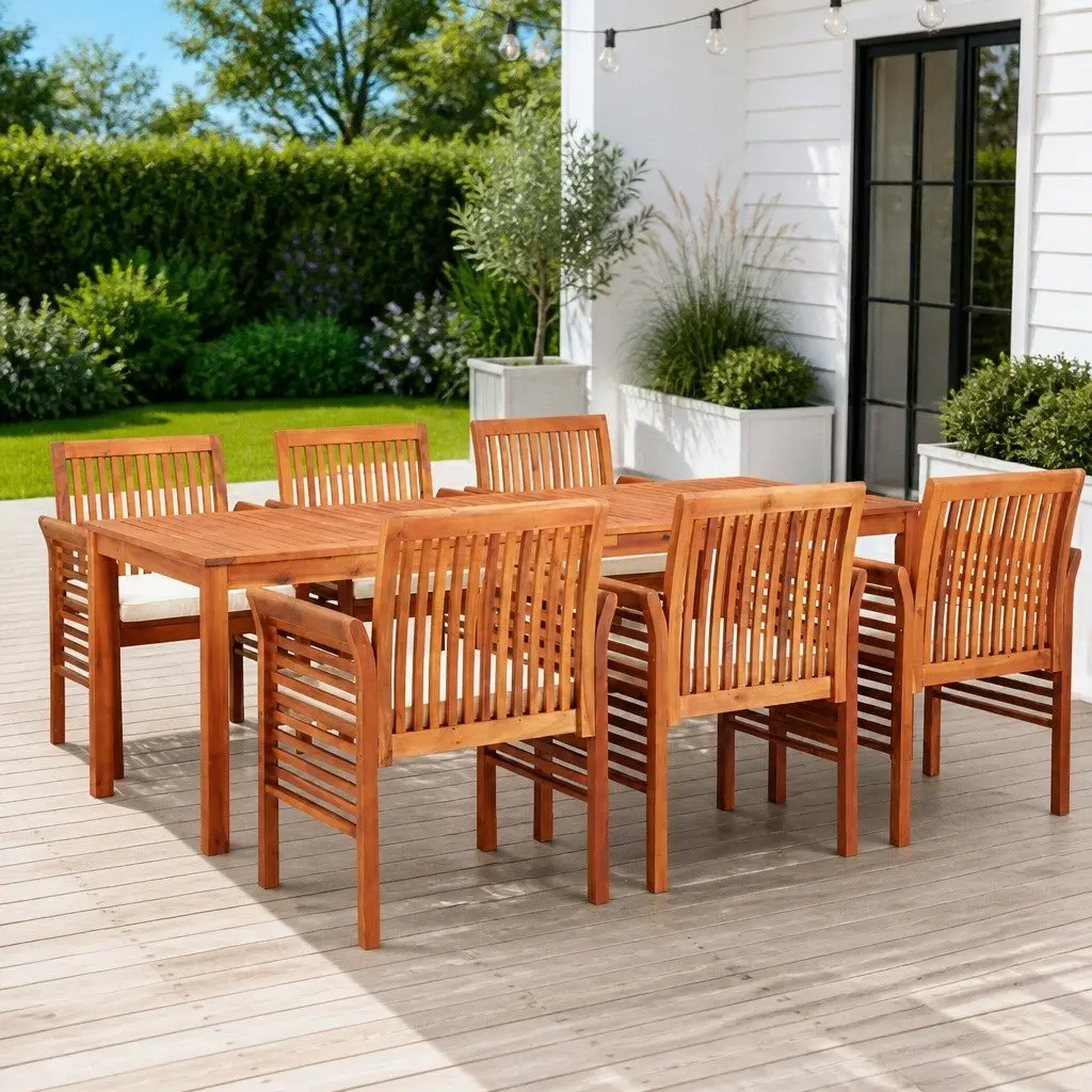 7 Piece Outdoor Dining Set Brown Wood Acacia Table Chairs Cushions Patio