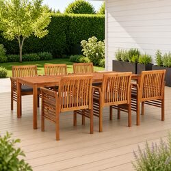 7 Piece Outdoor Dining Set Brown Wood Acacia Table Chairs Cushions Patio