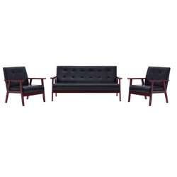 3 Piece Sofa Set Black Faux Leather 2 Armchairs Living Room Lounge Suite