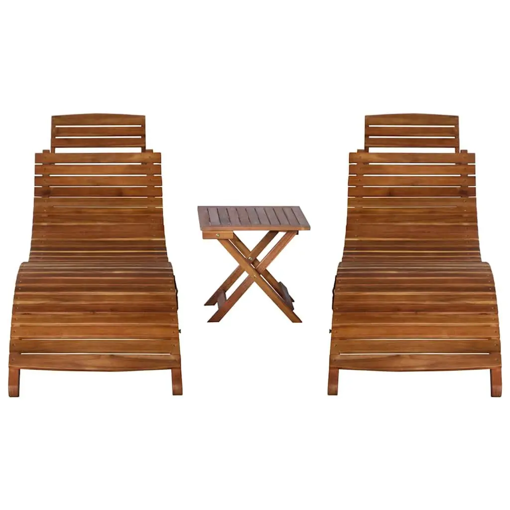 Wooden Sun Lounger Set 3 Piece Outdoor Patio Garden Furniture Folding Table Brown