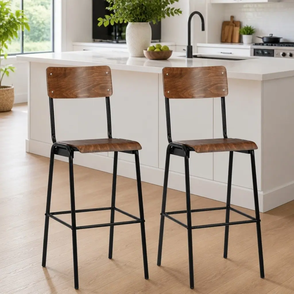 Bar Stools Set 2 Pieces Stackable Brown Plywood Seat Kitchen Dining Chair