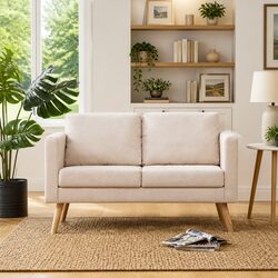 2-Seater Sofa Fabric Cream Living Room Couch Padded Cushions Wooden Frame