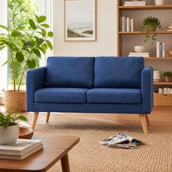 2-Seater Sofa Blue Fabric Couch Living Room Furniture Padded Cushions Removable