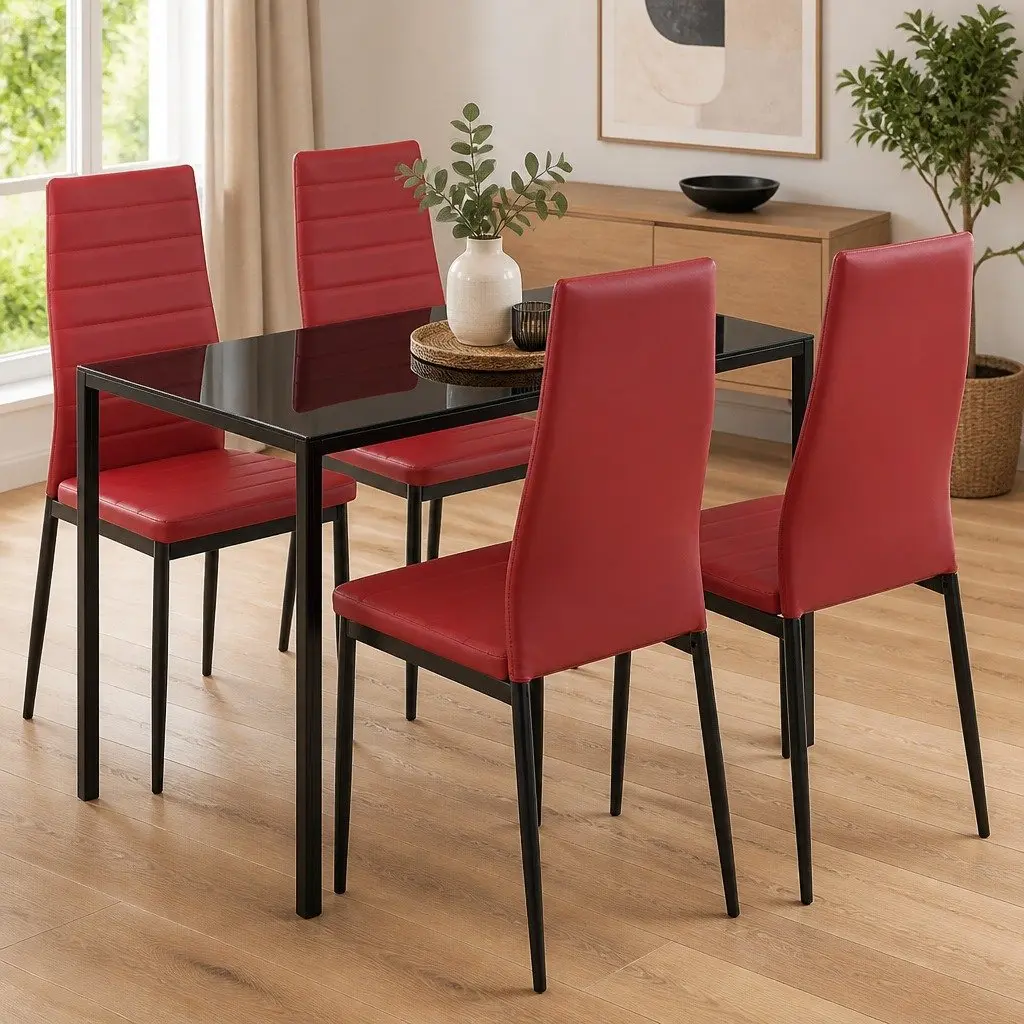 Dining Set Modern Five Piece Wine Red Tempered Glass Table and Upholstered Chairs
