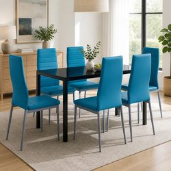 Dining Table Set 7 Piece Modern Kitchen Furniture with 6 Chairs Blue