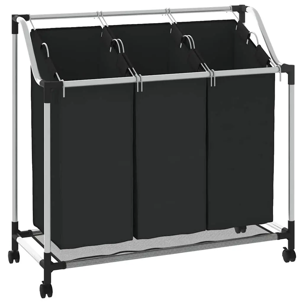 Laundry Sorter 3 Bags Black Steel Frame Wheels Handles Utility Room Organizer