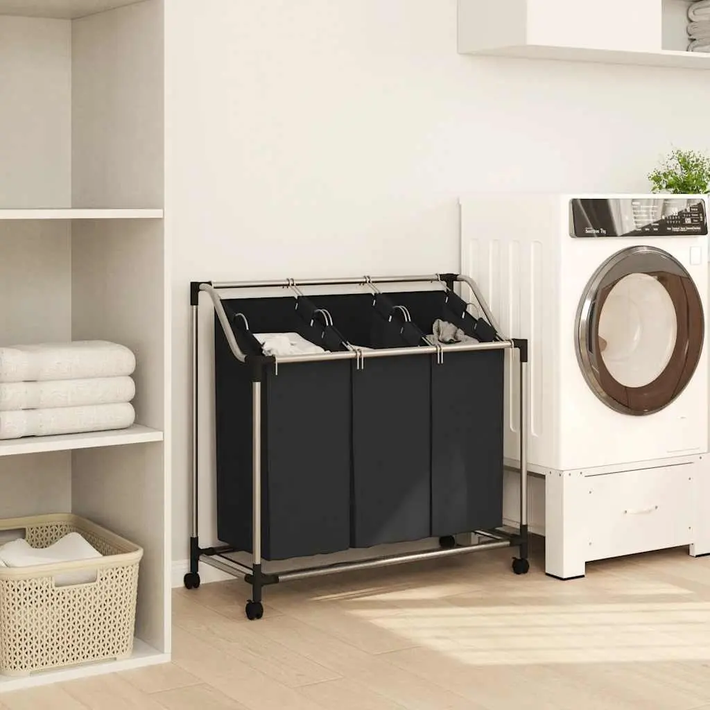 Laundry Sorter 3 Bags Black Steel Frame Wheels Handles Utility Room Organizer
