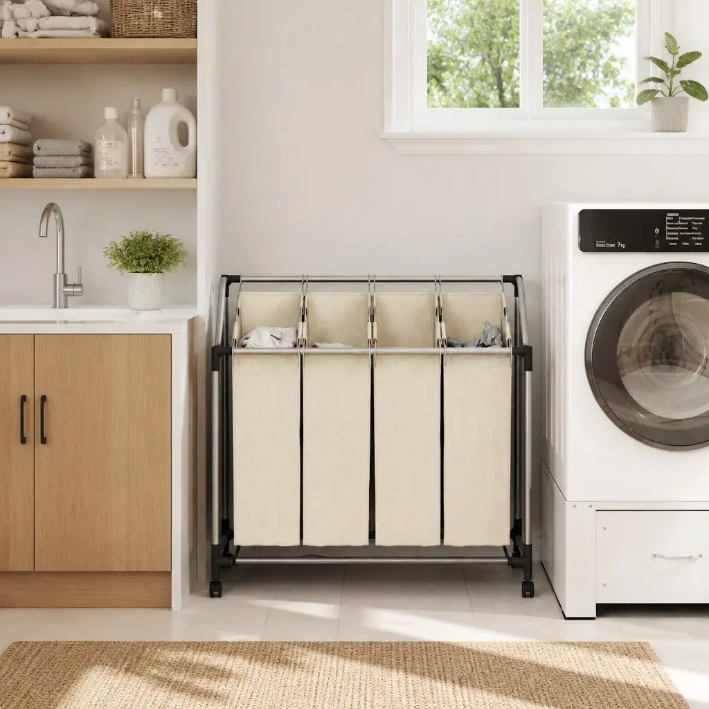 Laundry Sorter 4 Bags Removable Steel Frame Cream with Wheels and Handles