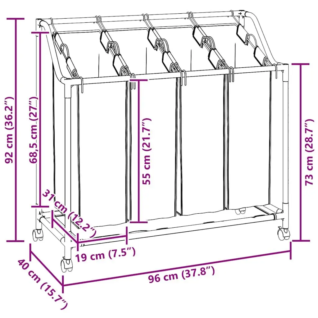 Laundry Sorter 4 Bags Removable Steel Frame Cream with Wheels and Handles