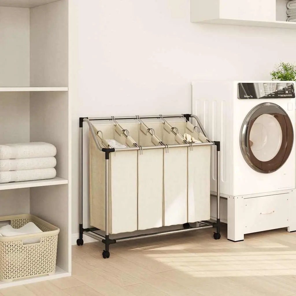Laundry Sorter 4 Bags Removable Steel Frame Cream with Wheels and Handles
