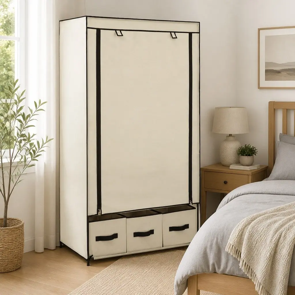 Fabric Wardrobe Cream Portable Closet Storage Cabinet Collapsible Bedroom