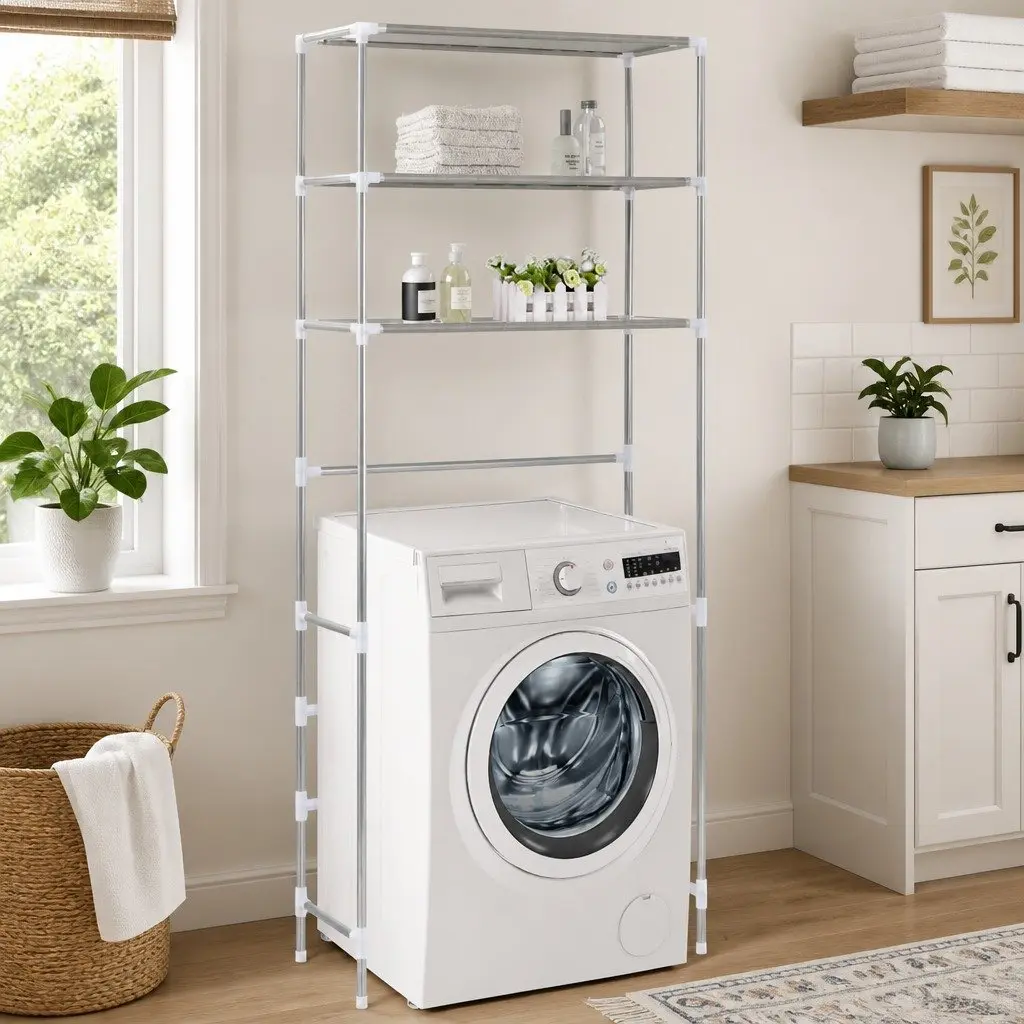 3-Tier Storage Rack Over Laundry Machine Bathroom Organiser Silver 69x28x169cm
