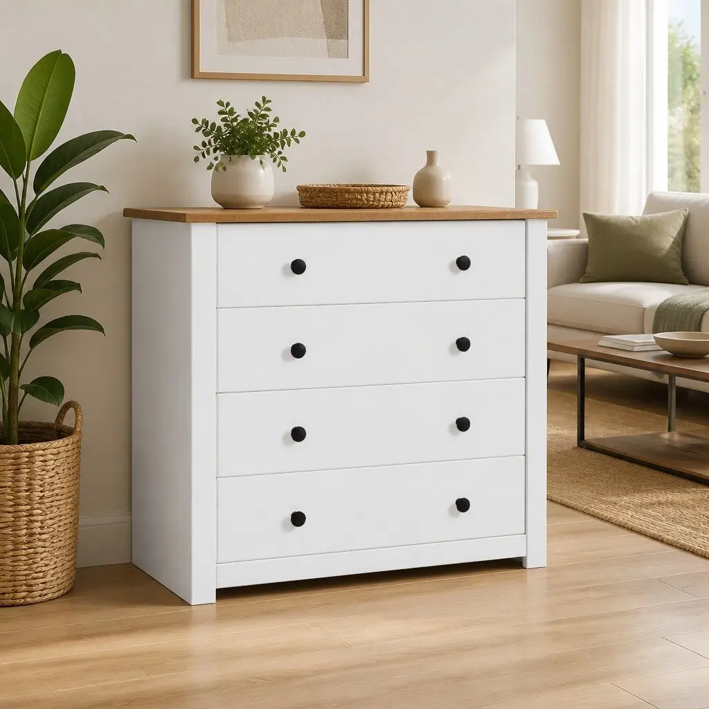 Side Cabinet Pine Storage 80x40x73cm White 4 Drawers
