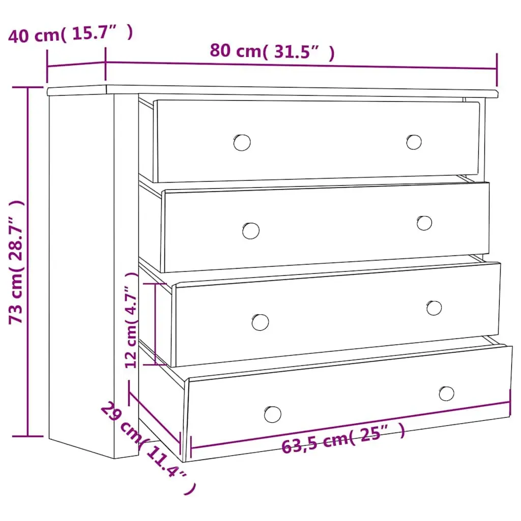 Side Cabinet Pine Storage 80x40x73cm White 4 Drawers