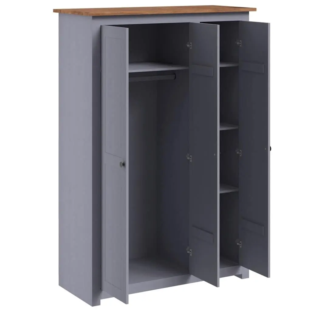 3-Door Wardrobe Grey Storage Cabinet with Shelves Hanger Bar Solid Pinewood 118W x 50D x 1715H cm