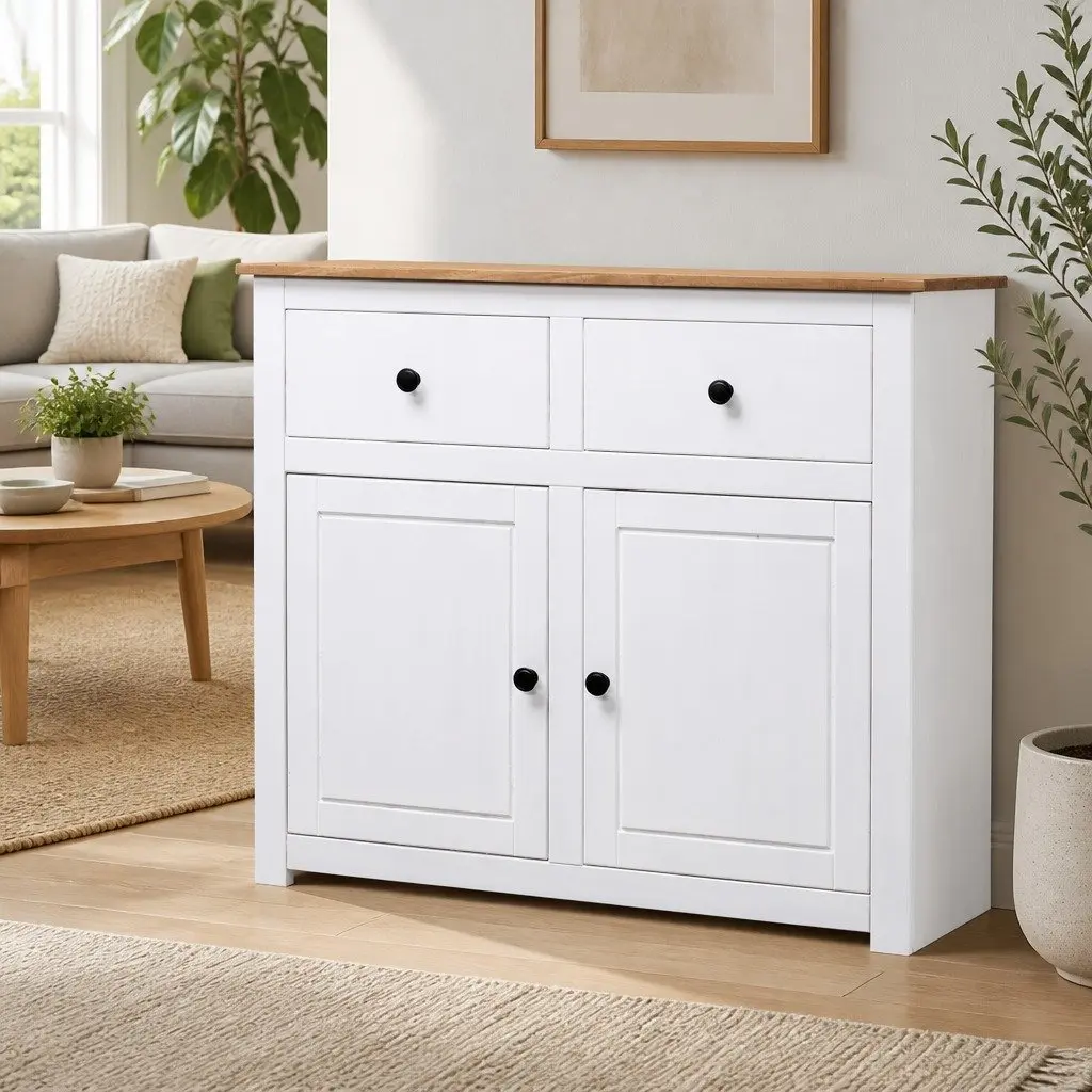Solid Pinewood Sideboard White 2 Drawers 2 Doors Storage Cabinet