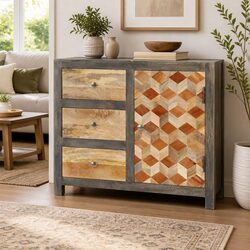 Side Cabinet Solid Mango Wood Storage Sideboard with Door Drawers Mid-Century