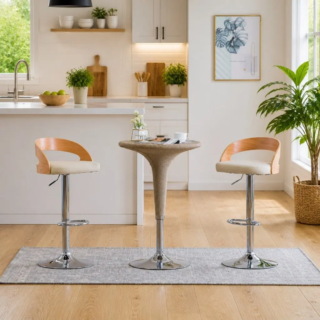 Bar Stools Set 2 pcs Adjustable Height Cream Faux Leather Bentwood Frame