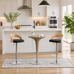 Bar Stools 2 pcs Black Faux Leather Bentwood Frame Gas Lift Height Adjustable