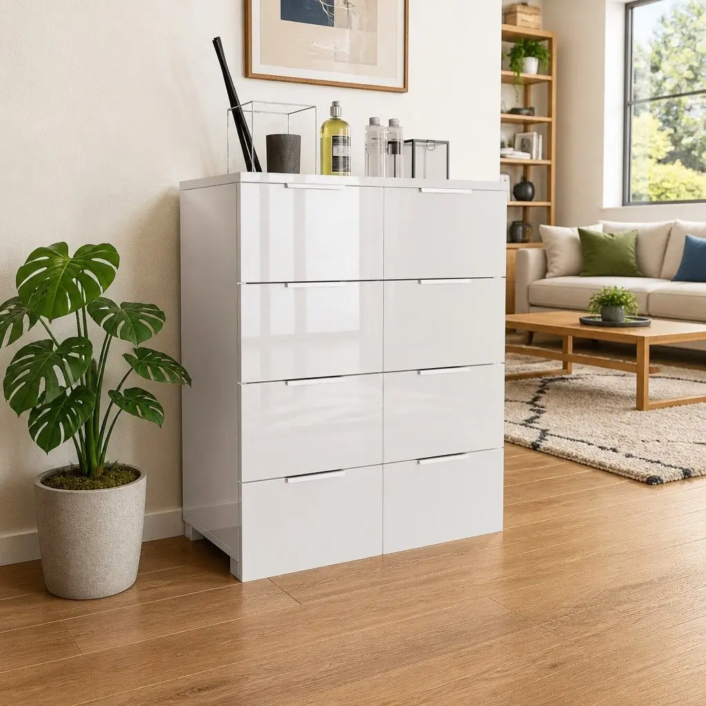 High Gloss White Chest of Drawers 8-Drawer Sideboard Storage Cabinet Bedroom