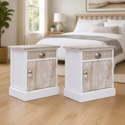 Bedside Cabinet White Paulownia Wood Nightstand Storage Drawer Door Set of 2
