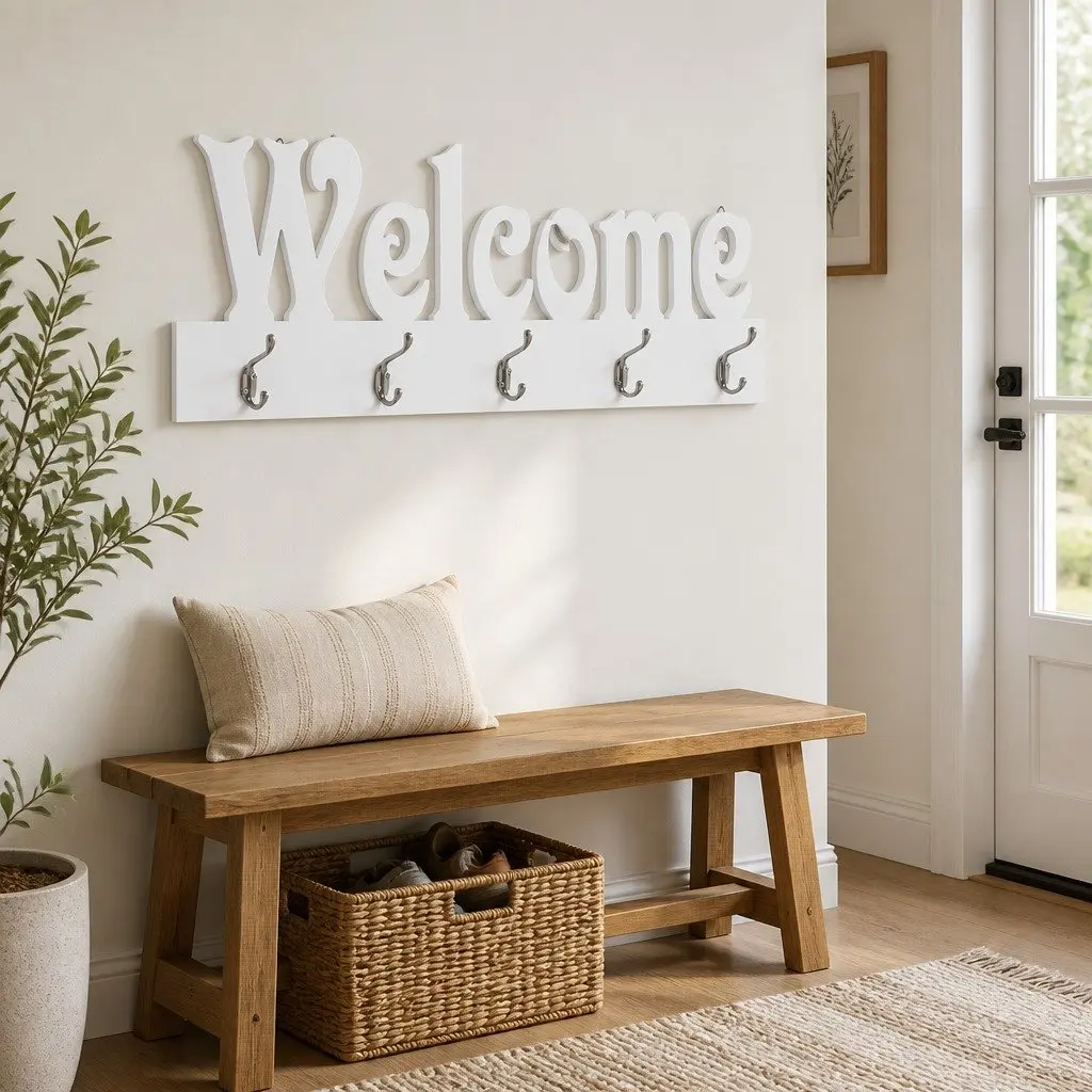 Wall Mounted Coat Rack Welcome Lettering 5 Hooks White MDF Home Entryway Storage Organiser