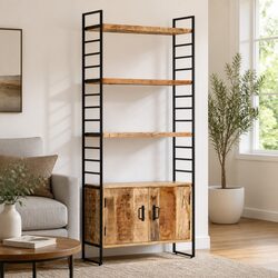 4-Tier Bookcase 80x30x180cm Rough Mango Wood Industrial Shelving Storage Display